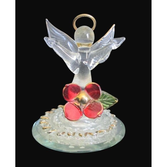 Glass Angel Figurine With Gold Accents and  Red Flower On Round Mirror Base - Picture 1 of 7